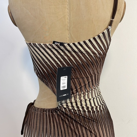 NWT Fashion Nova Dress X-Small Paradise Maxi Brown Cream Open Side High Slit - Picture 9 of 14